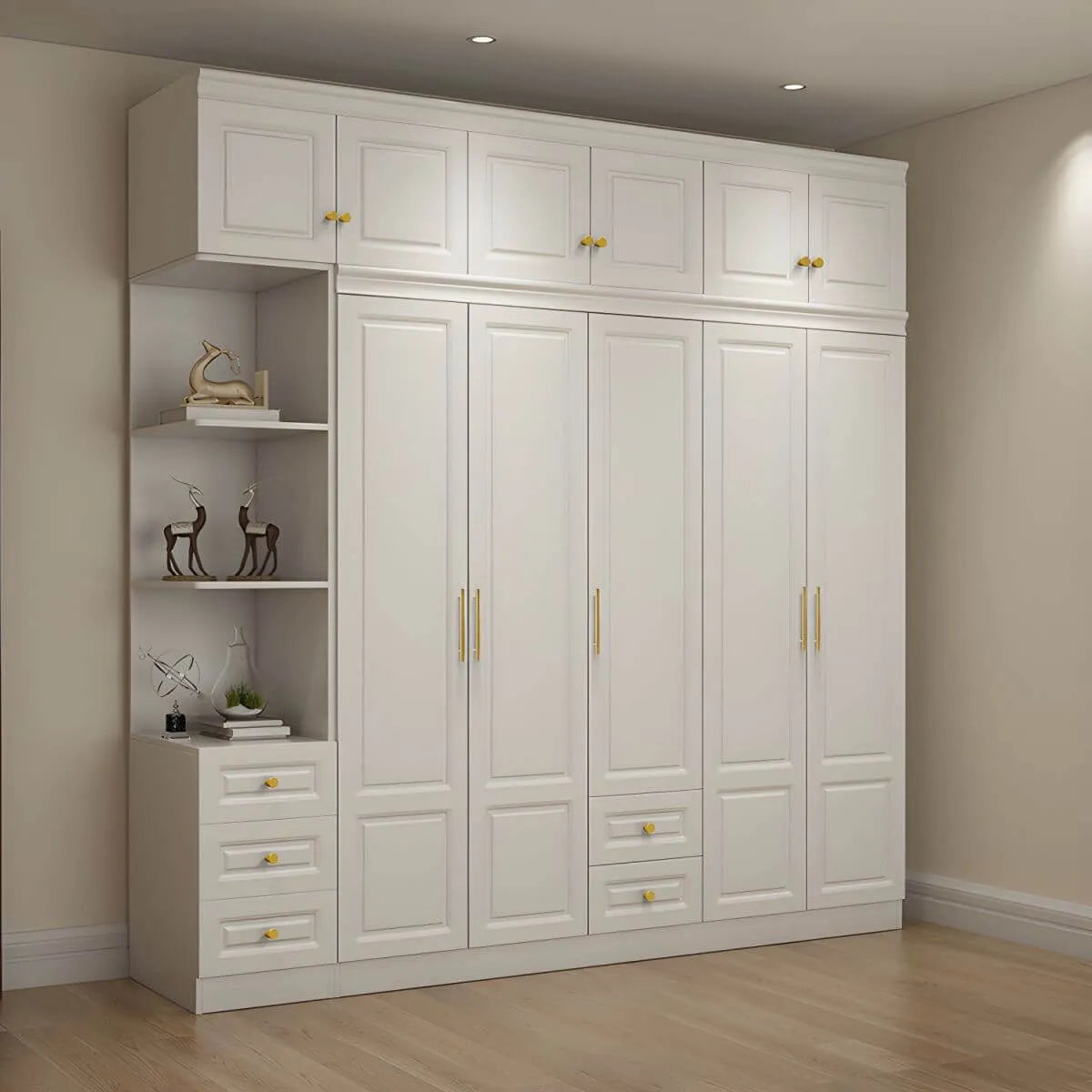 White Paneled Wardrobe Armoire With Vanity and Display Shelves