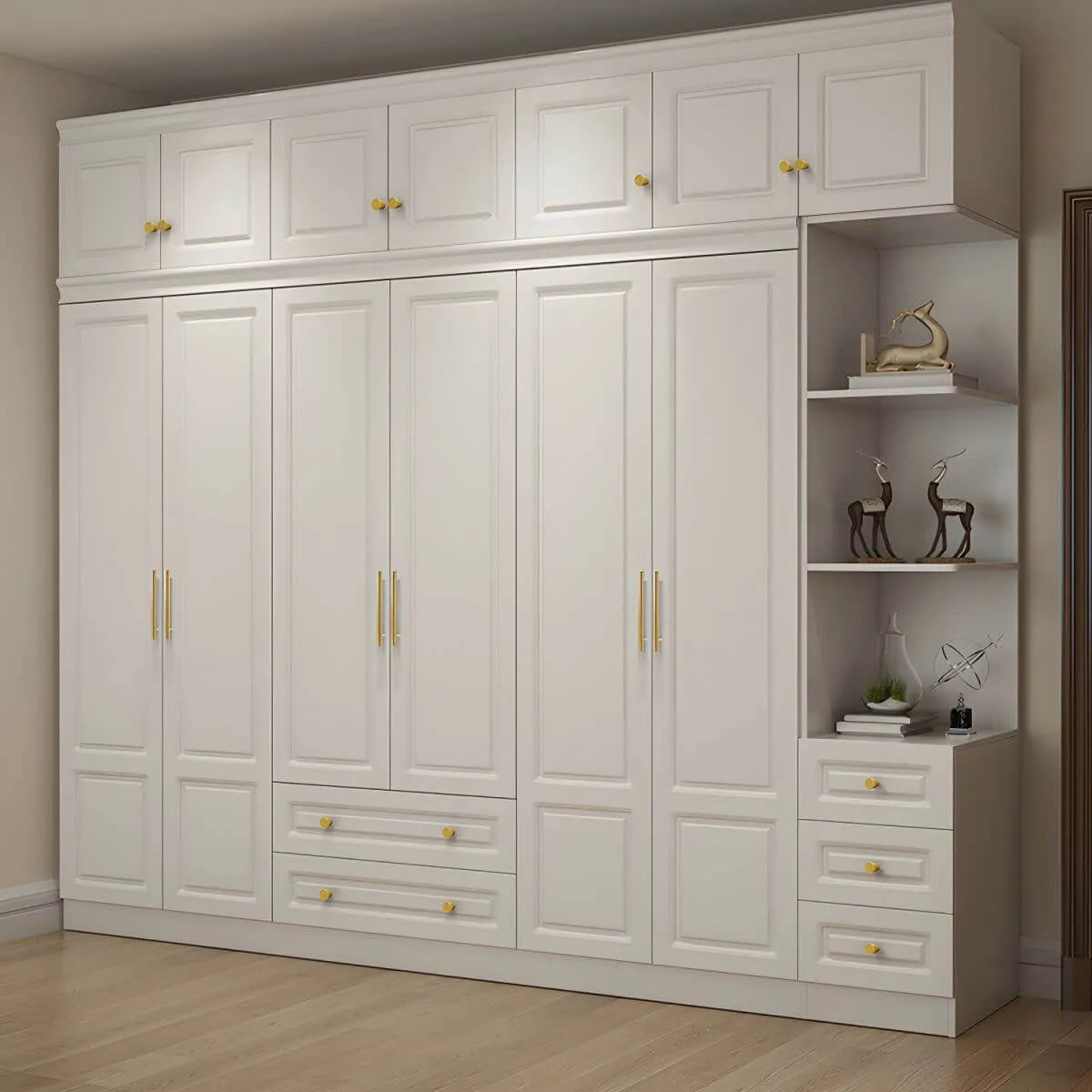White Paneled Wardrobe Armoire With Vanity and Display Shelves
