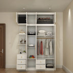 White Paneled Wardrobe Armoire With Vanity and Display Shelves