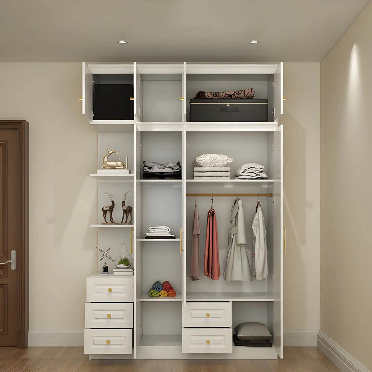 White Paneled Wardrobe Armoire With Vanity and Display Shelves