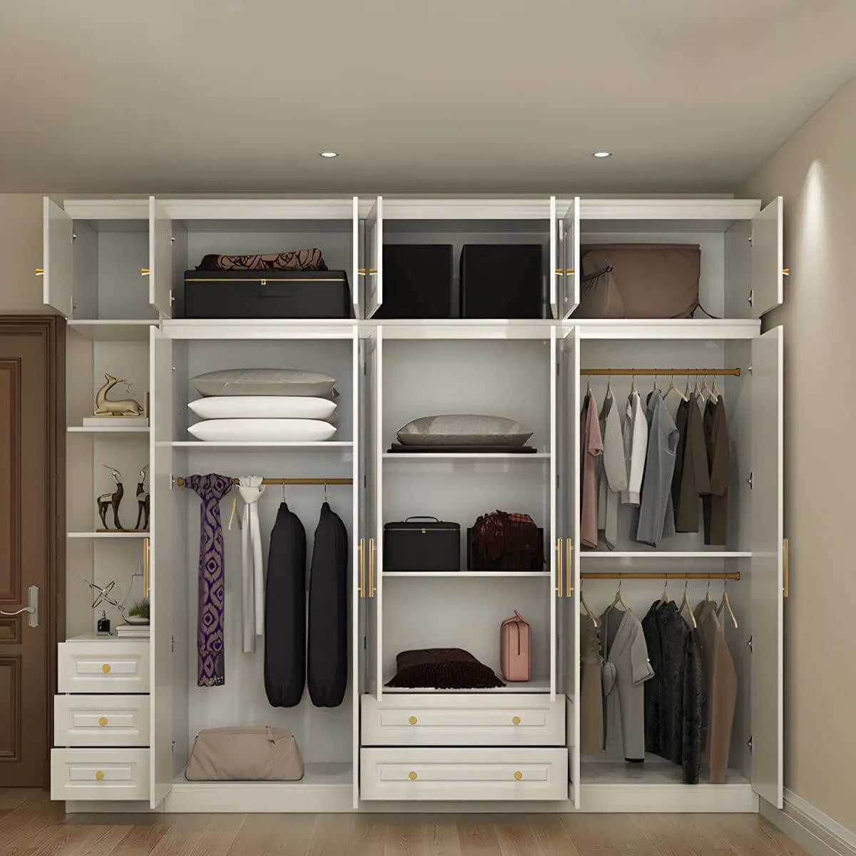 White Paneled Wardrobe Armoire With Vanity and Display Shelves