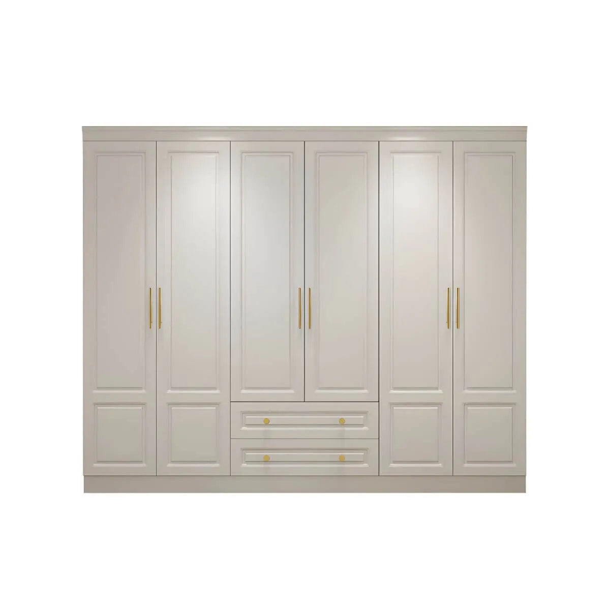 White Paneled Wardrobe Armoire With Vanity and Display Shelves