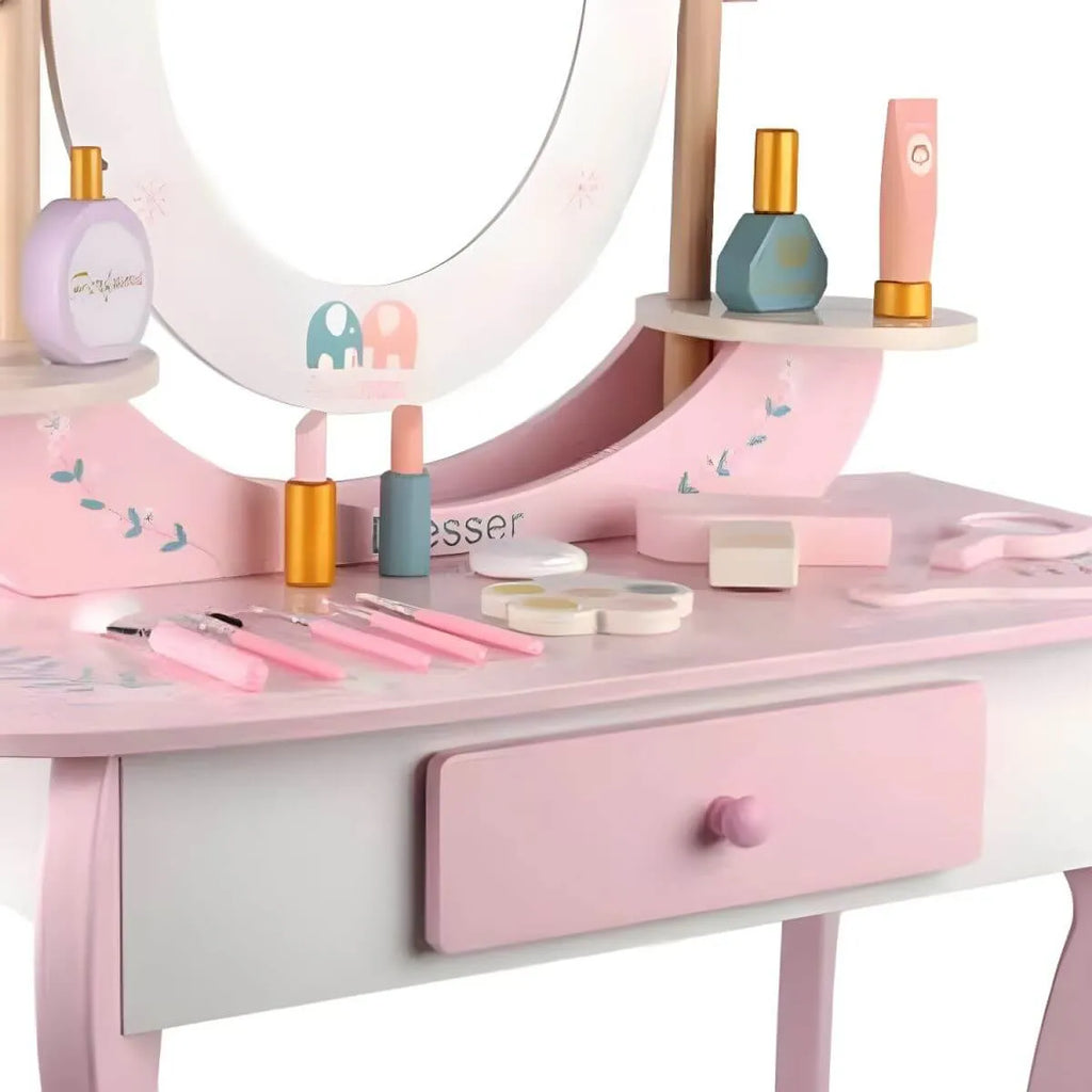 White & Pink Kids' Vanity Set with Mirror and Storage – Wooden Dressing Table with Ball Feet