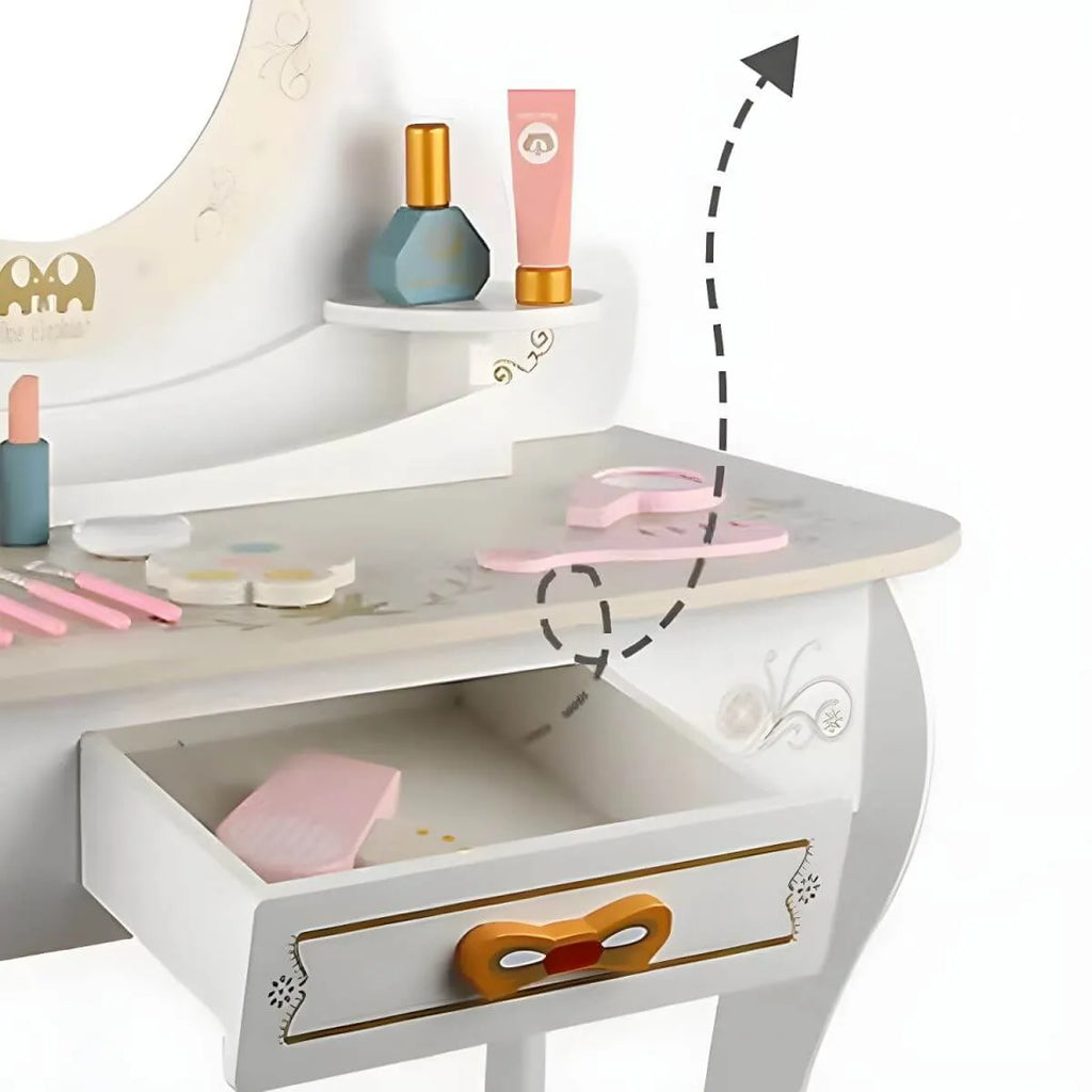 White & Pink Kids' Vanity Set with Mirror and Storage – Wooden Dressing Table with Ball Feet
