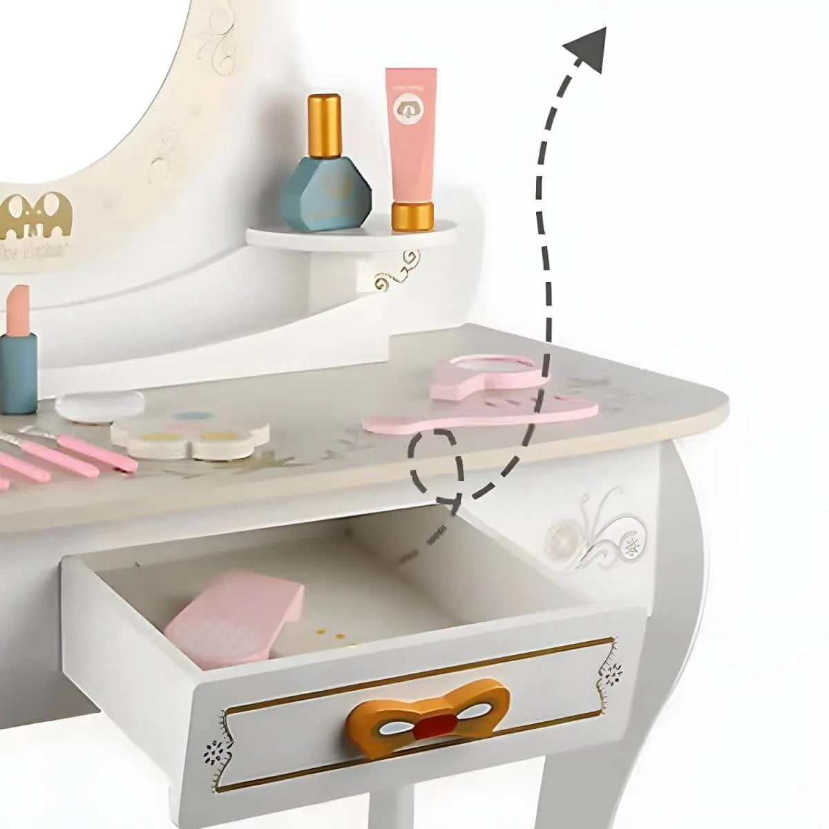 White & Pink Kids' Vanity Set with Mirror and Storage – Wooden Dressing Table with Ball Feet