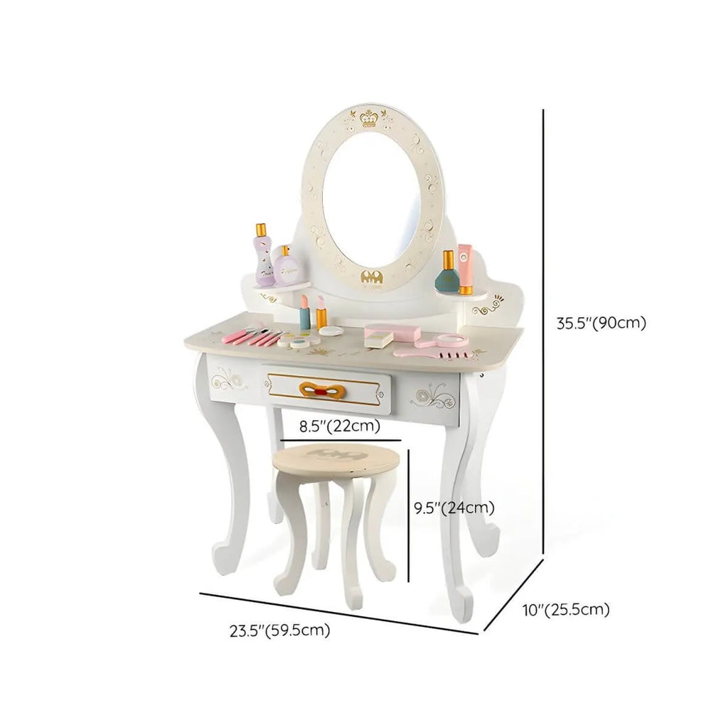 White & Pink Kids' Vanity Set with Mirror and Storage – Wooden Dressing Table with Ball Feet Dimensions