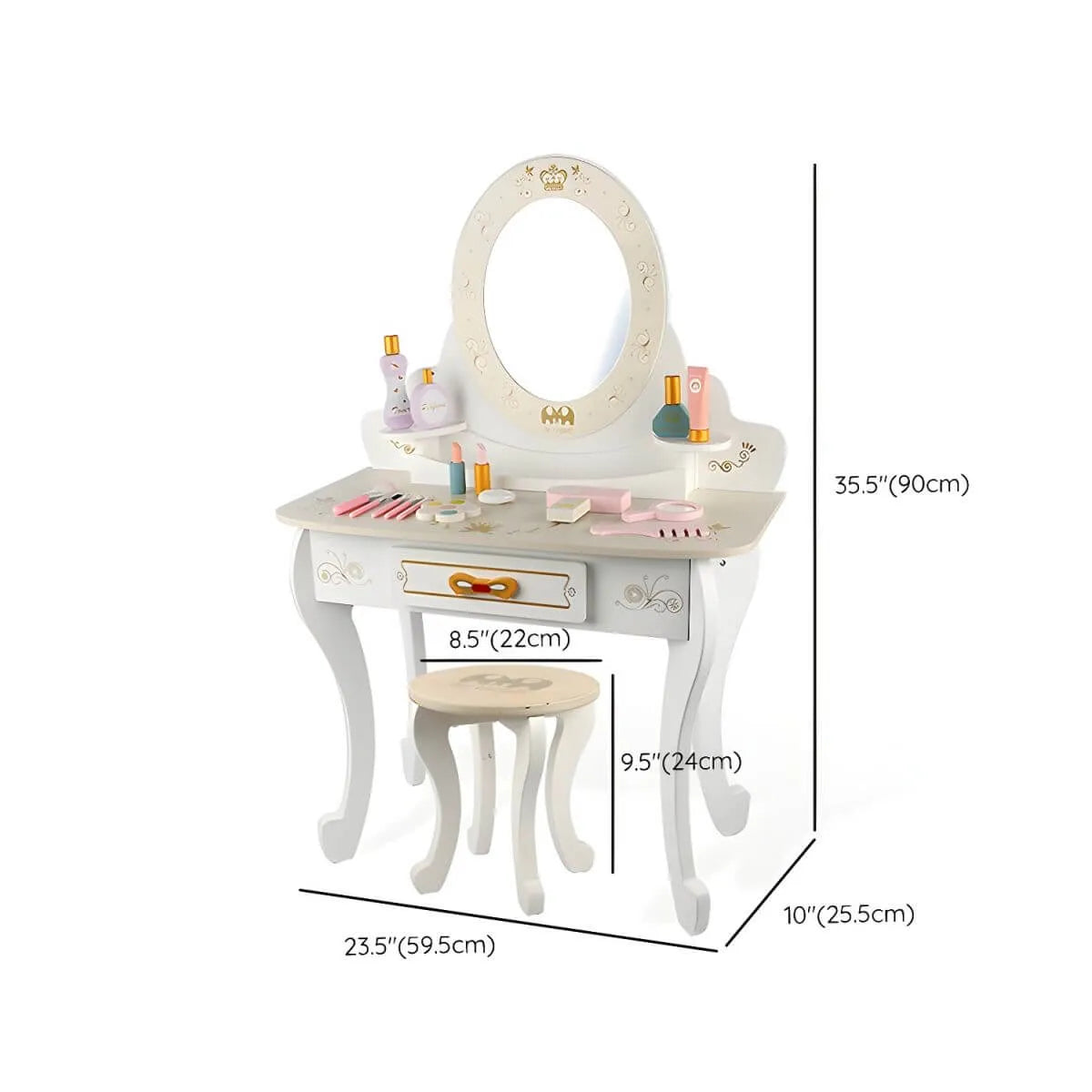 White & Pink Kids' Vanity Set with Mirror and Storage – Wooden Dressing Table with Ball Feet Dimensions