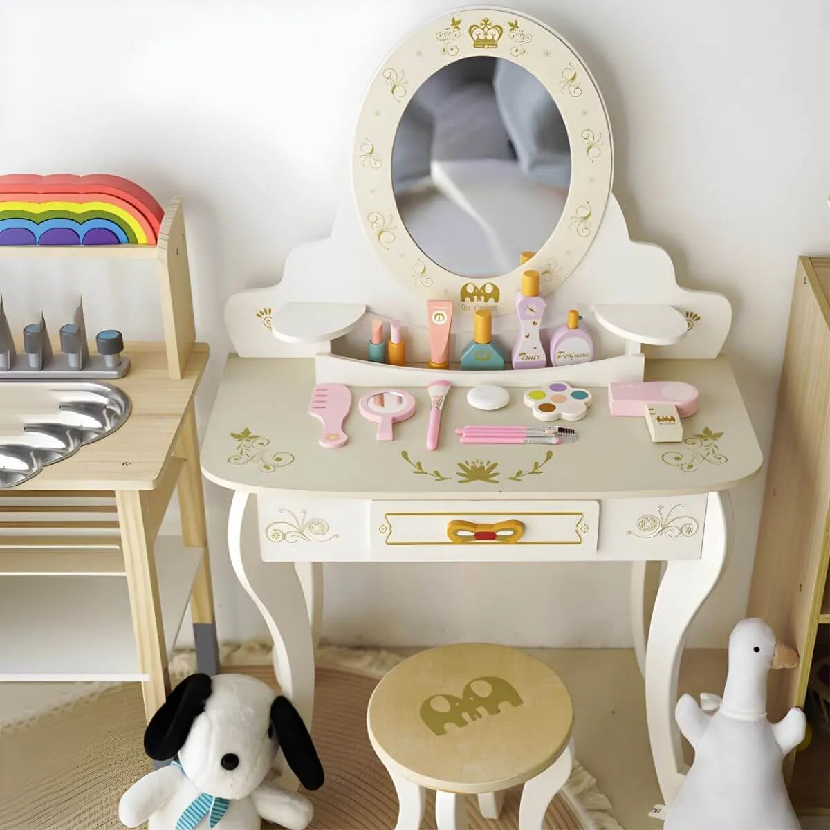 White & Pink Kids' Vanity Set with Mirror and Storage – Wooden Dressing Table with Ball Feet