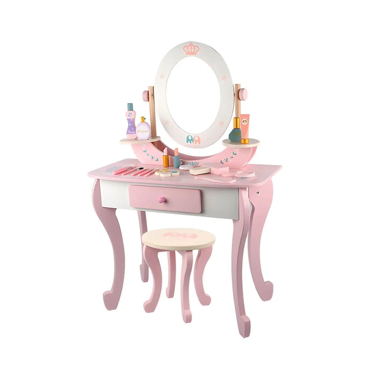 White & Pink Kids' Vanity Set with Mirror and Storage – Wooden Dressing Table with Ball Feet
