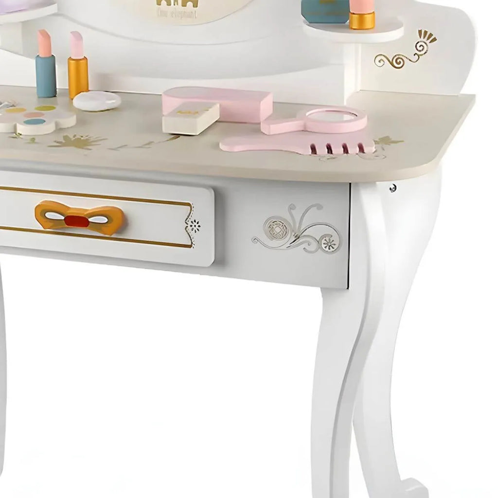 White & Pink Kids' Vanity Set with Mirror and Storage – Wooden Dressing Table with Ball Feet