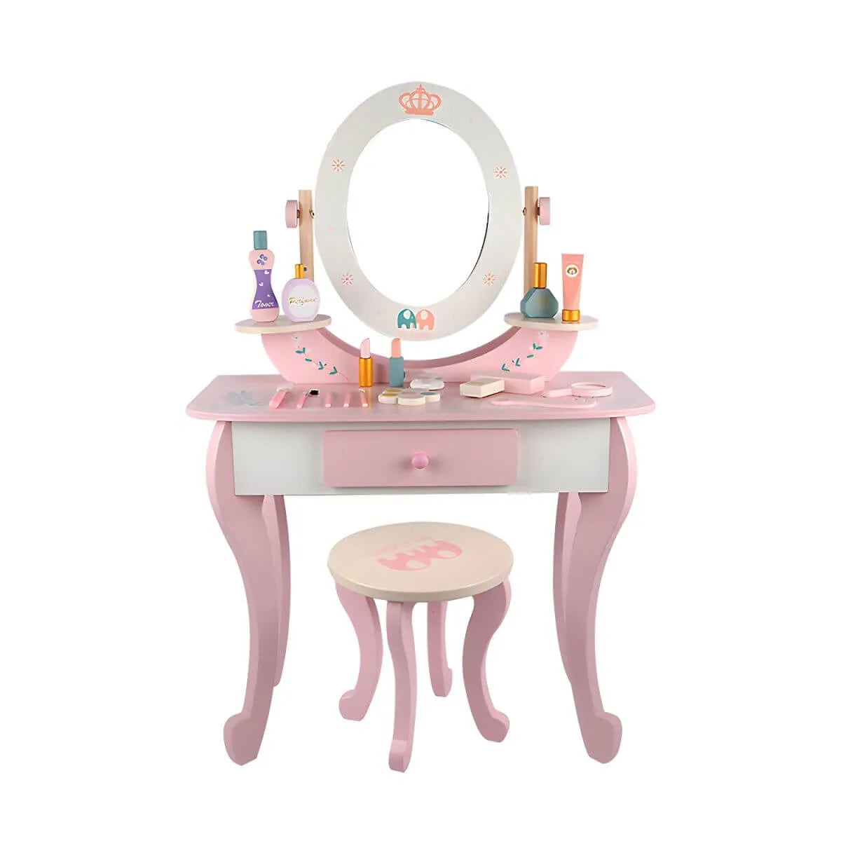 White & Pink Kids' Vanity Set with Mirror and Storage – Wooden Dressing Table with Ball Feet