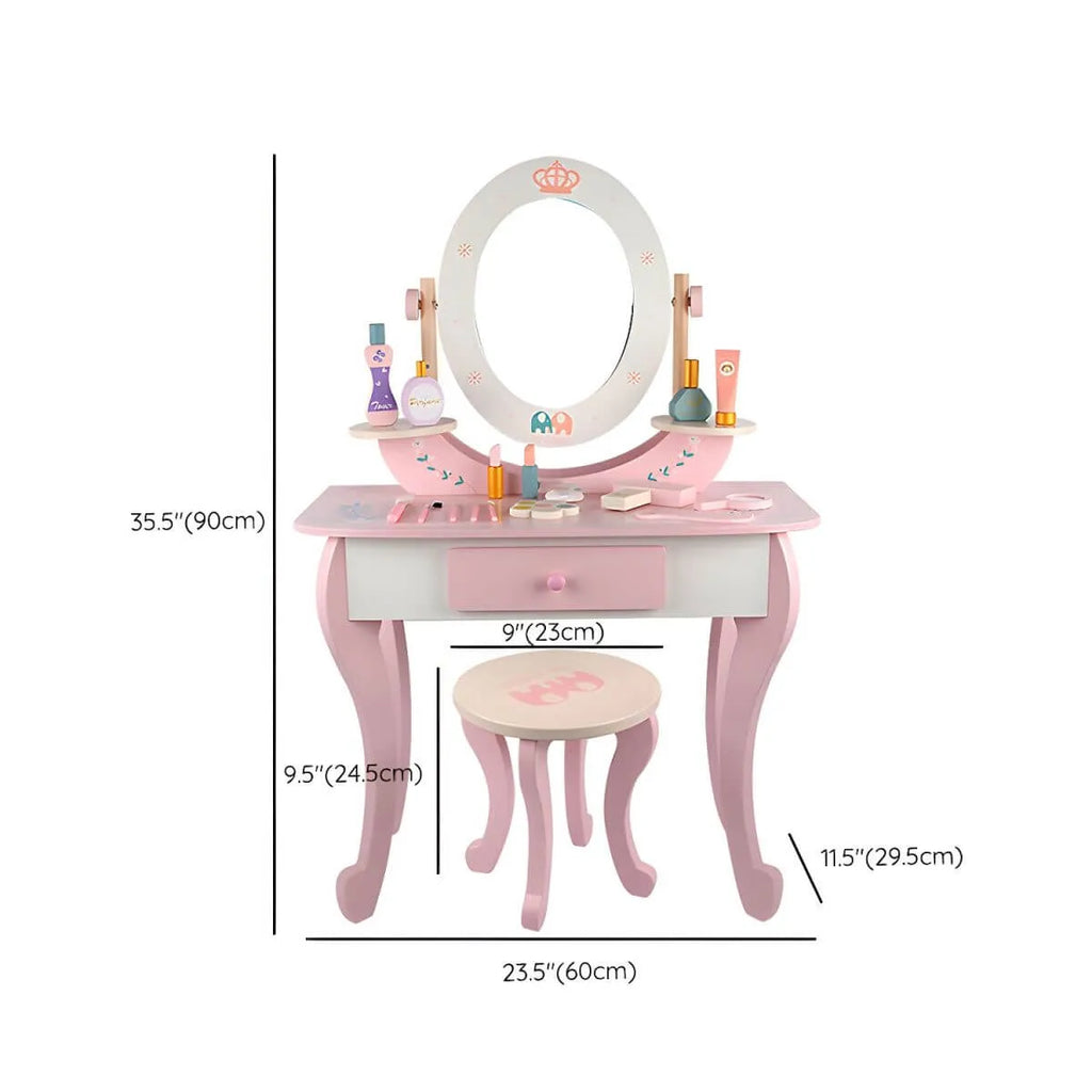White & Pink Kids' Vanity Set with Mirror and Storage – Wooden Dressing Table with Ball Feet Dimensions