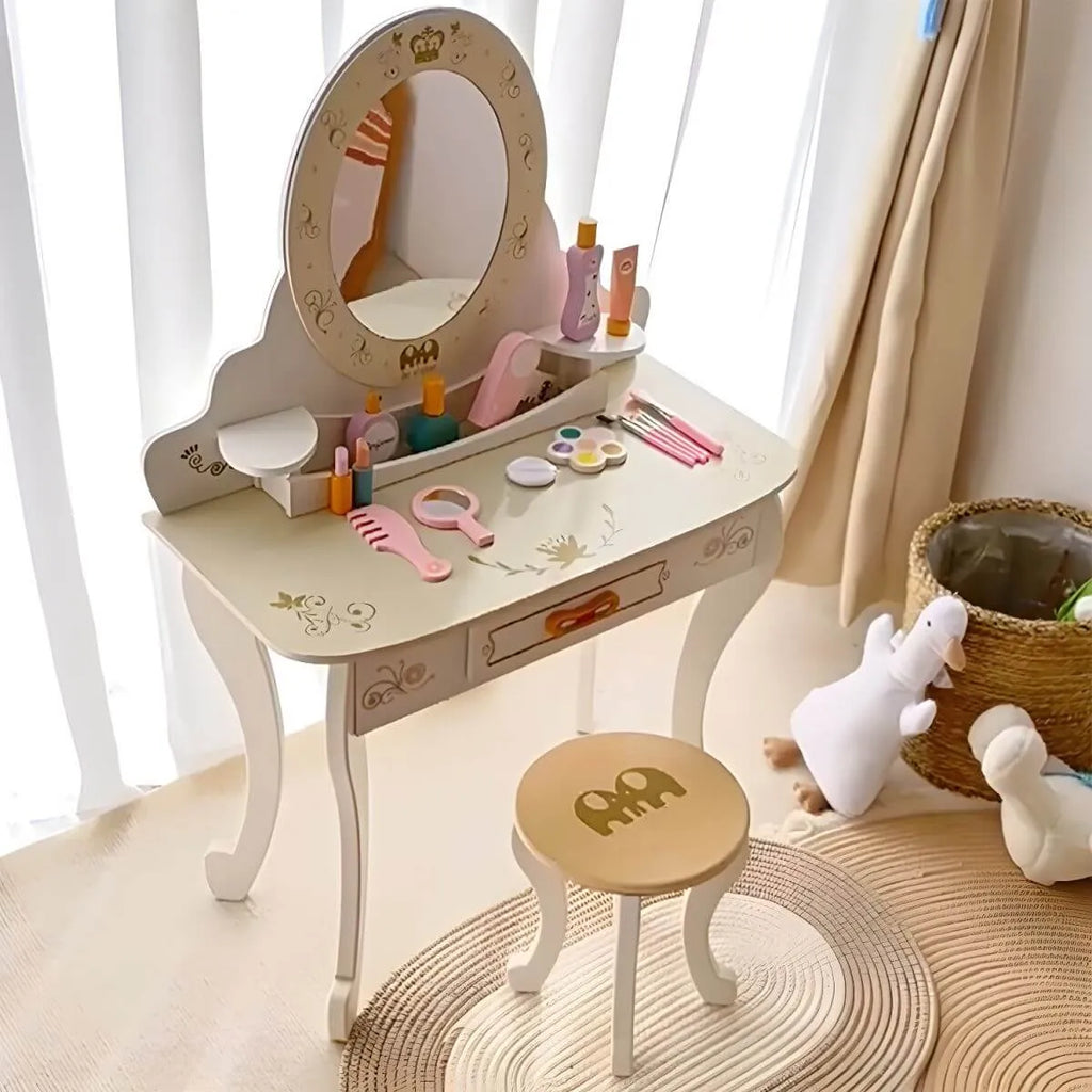 White & Pink Kids' Vanity Set with Mirror and Storage – Wooden Dressing Table with Ball Feet
