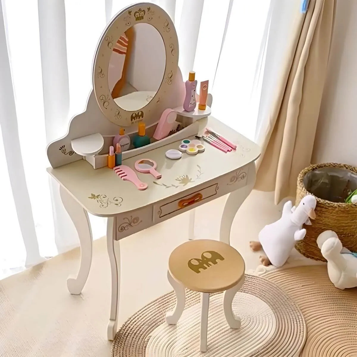 White & Pink Kids' Vanity Set with Mirror and Storage – Wooden Dressing Table with Ball Feet
