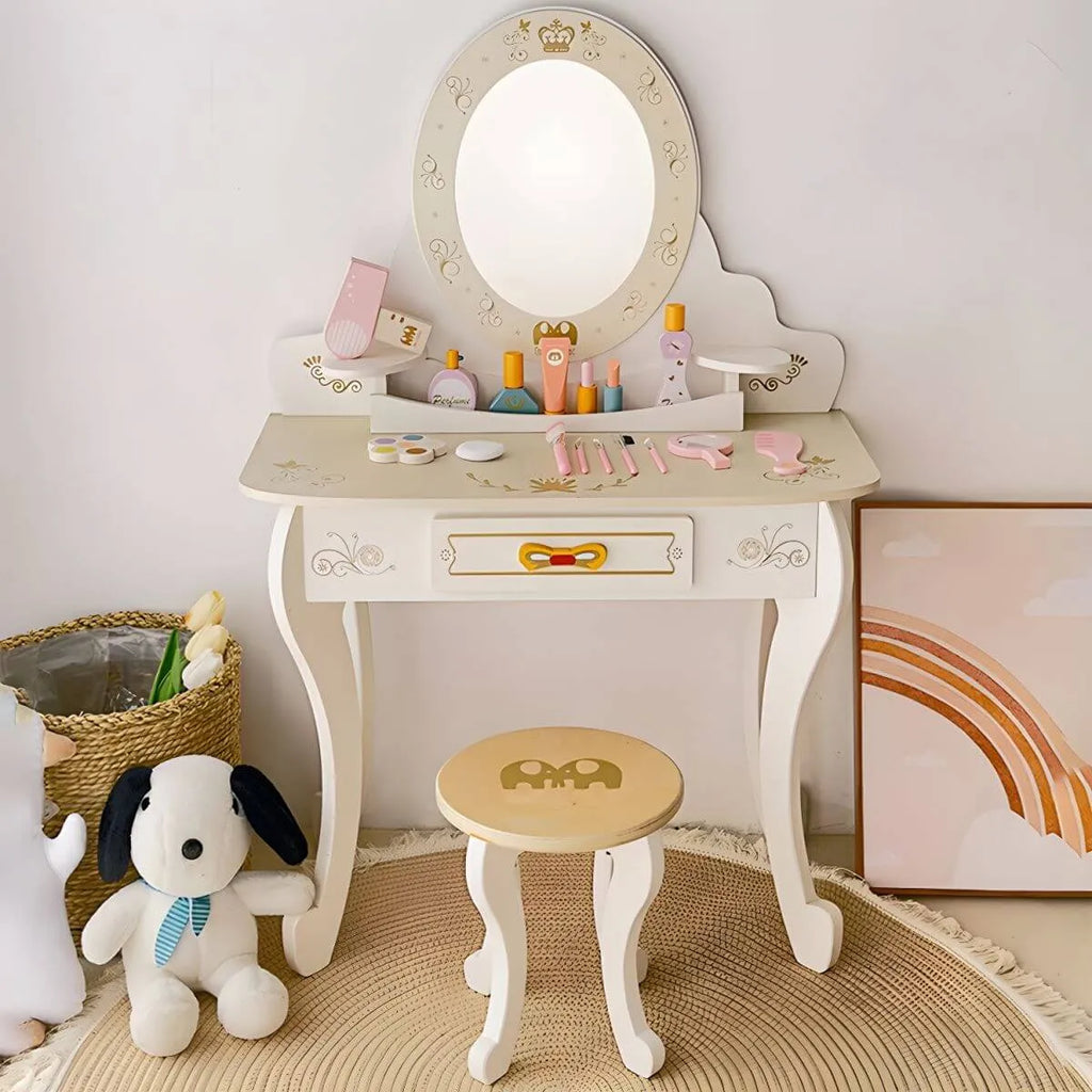 White & Pink Kids' Vanity Set with Mirror and Storage – Wooden Dressing Table with Ball Feet Main Product Image