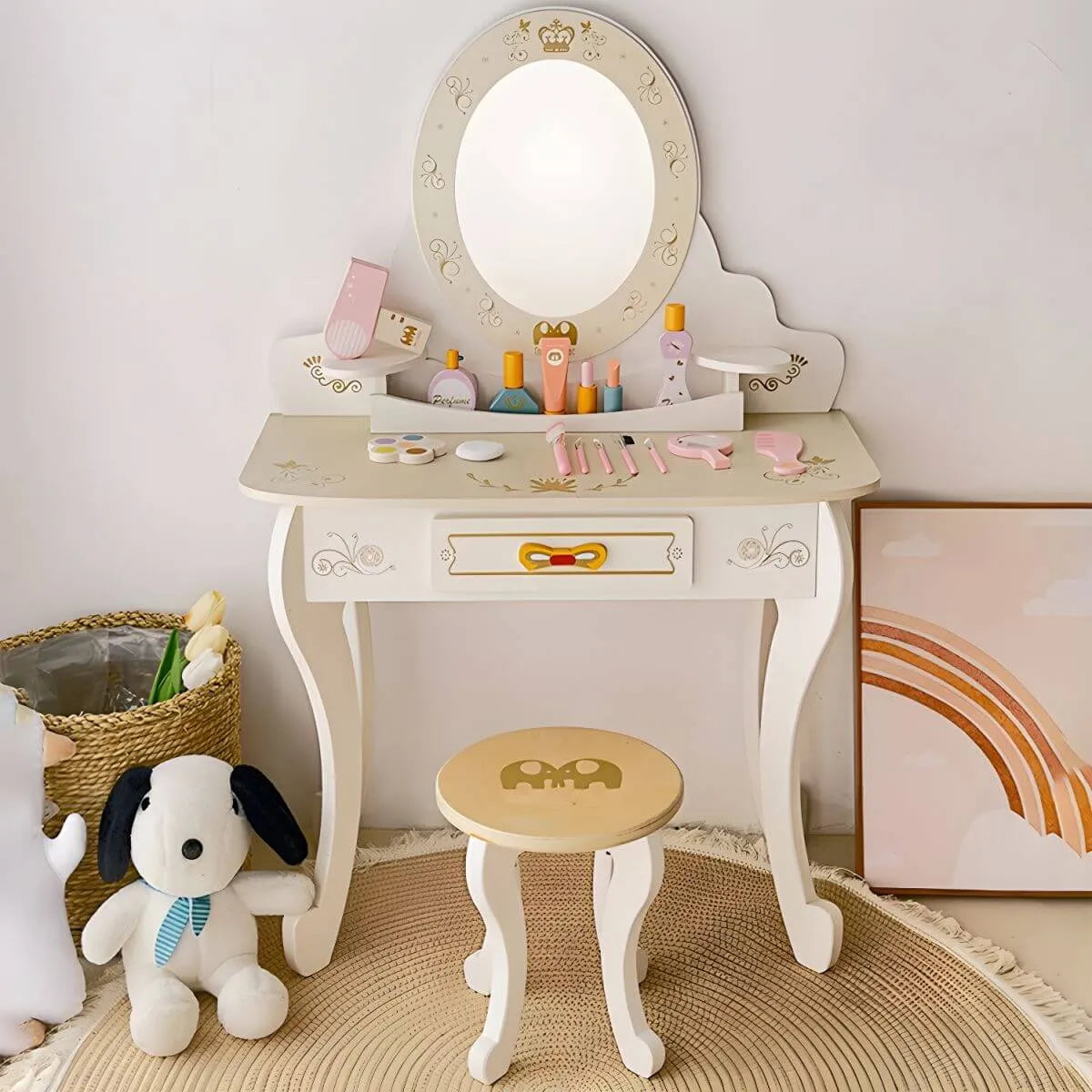 White & Pink Kids' Vanity Set with Mirror and Storage – Wooden Dressing Table with Ball Feet Main Product Image Image principale du produit