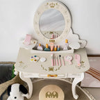 White & Pink Kids' Vanity Set with Mirror and Storage – Wooden Dressing Table with Ball Feet