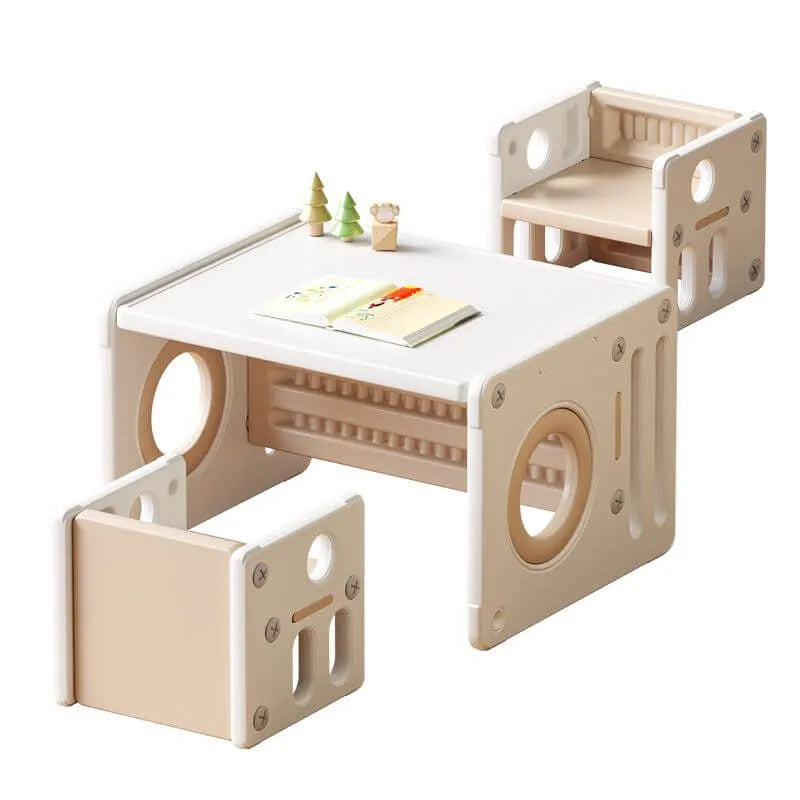 White Plastic Kids Writing Desk with Chair – Khaki & Grey Accents