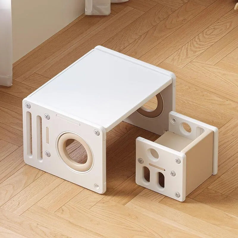 White Plastic Kids Writing Desk with Chair – Khaki & Grey Accents
