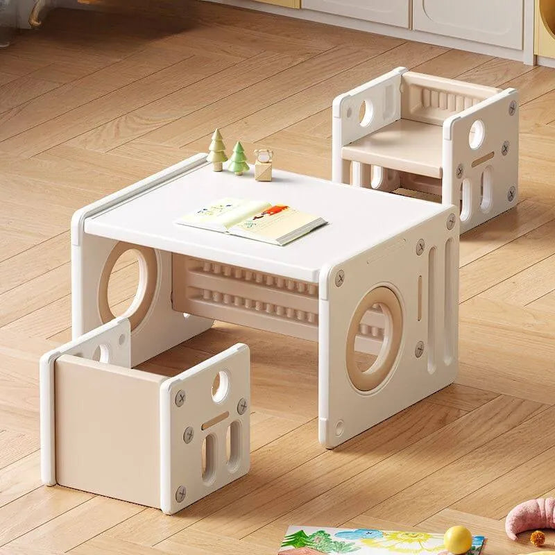 White Plastic Kids Writing Desk with Chair – Khaki & Grey Accents Main Product Image メイン画像
