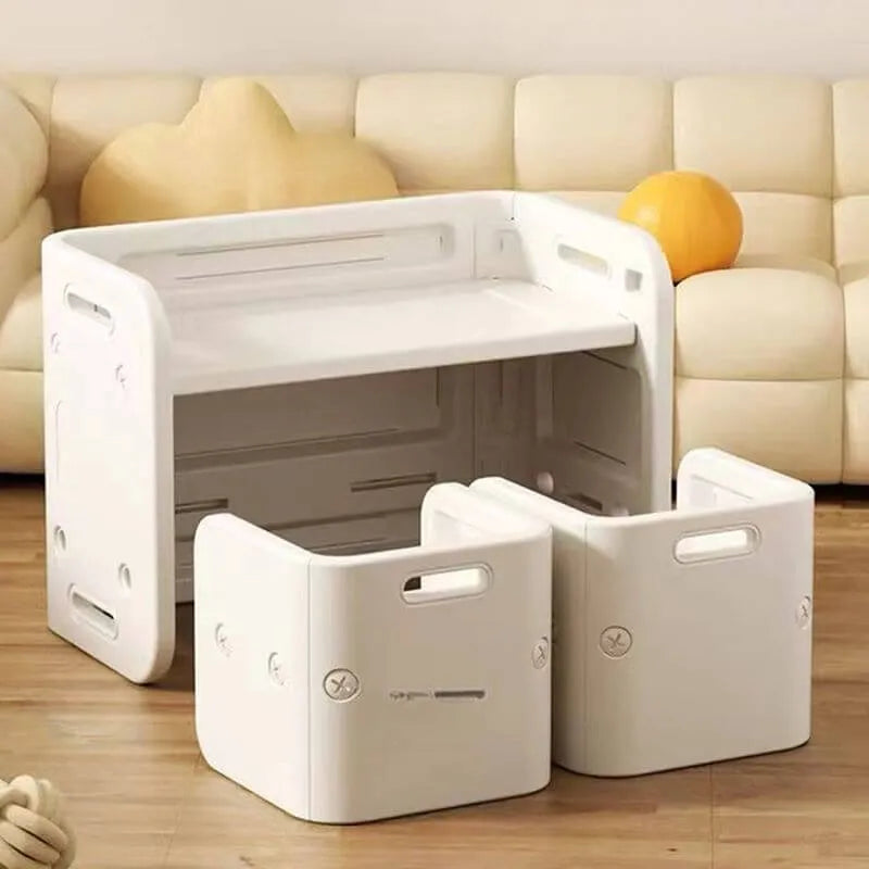 White Plastic Kids Writing Desk with Modular Storage & Seating Options
