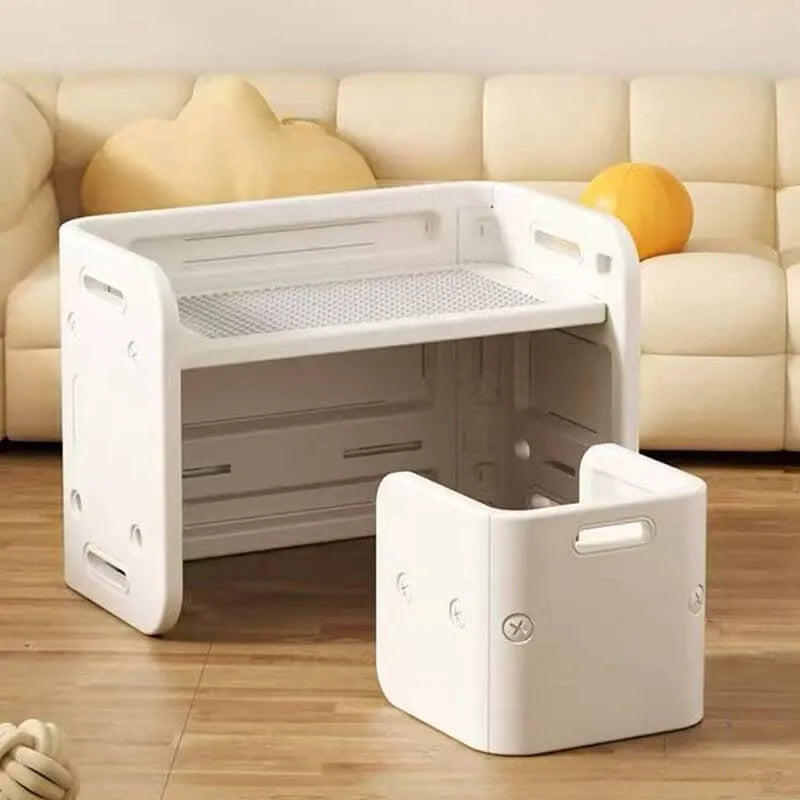 White Plastic Kids Writing Desk with Modular Storage & Seating Options