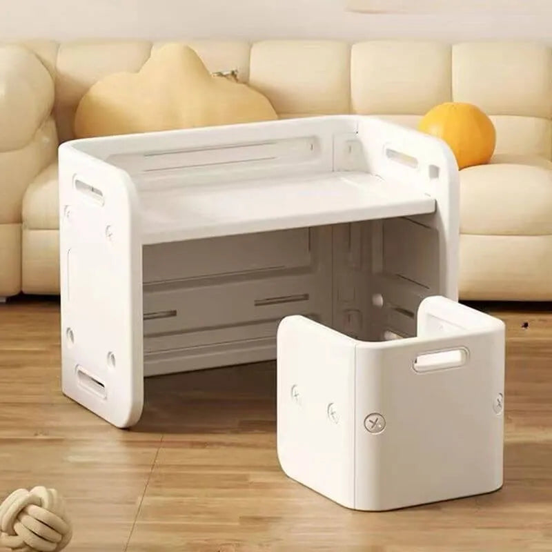 White Plastic Kids Writing Desk with Modular Storage & Seating Options