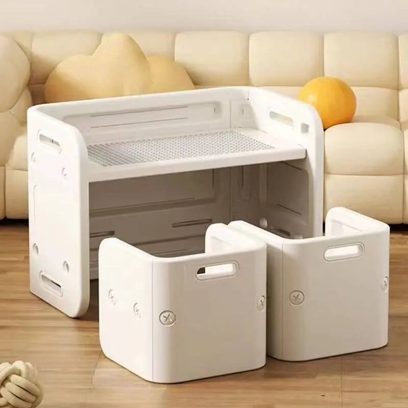 White Plastic Kids Writing Desk with Modular Storage & Seating Options