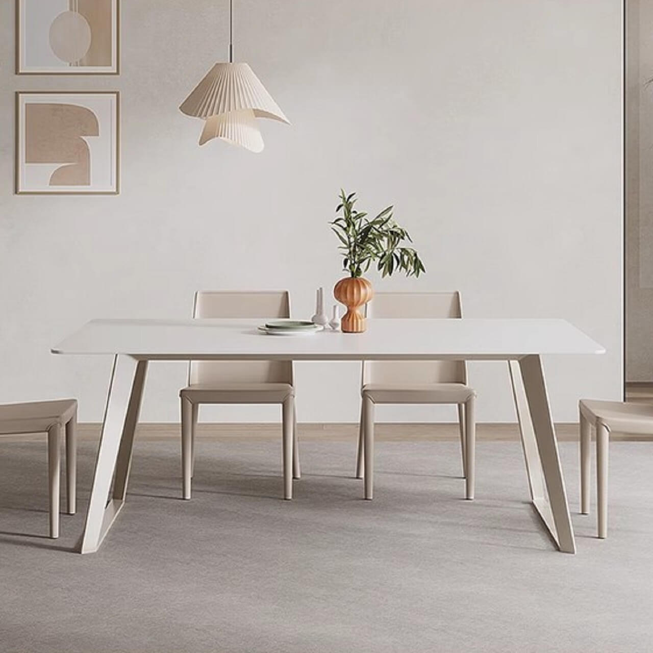 Elegant Italian minimalist dining table with white creamy rock tabletop and carbon steel legs in a modern setting