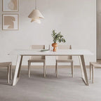 White rectangular dining table with creamy rock tabletop and carbon steel legs, Italian minimalist design