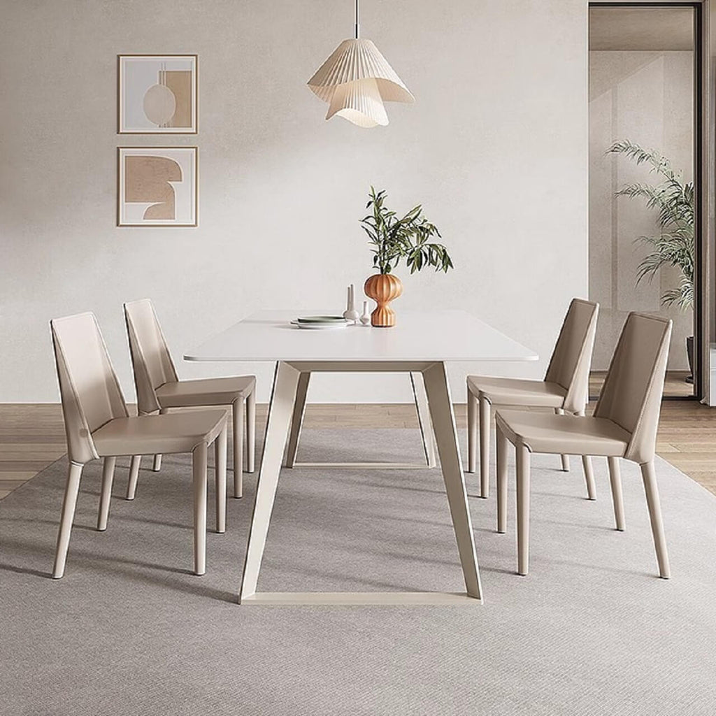 White rectangular dining table with creamy rock tabletop and carbon steel legs, Italian minimalist design