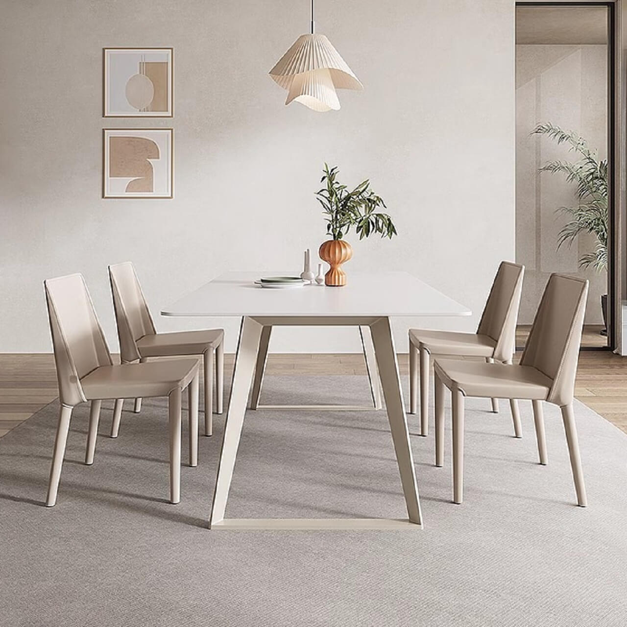 White rectangular dining table with creamy rock tabletop and carbon steel legs, Italian minimalist design
