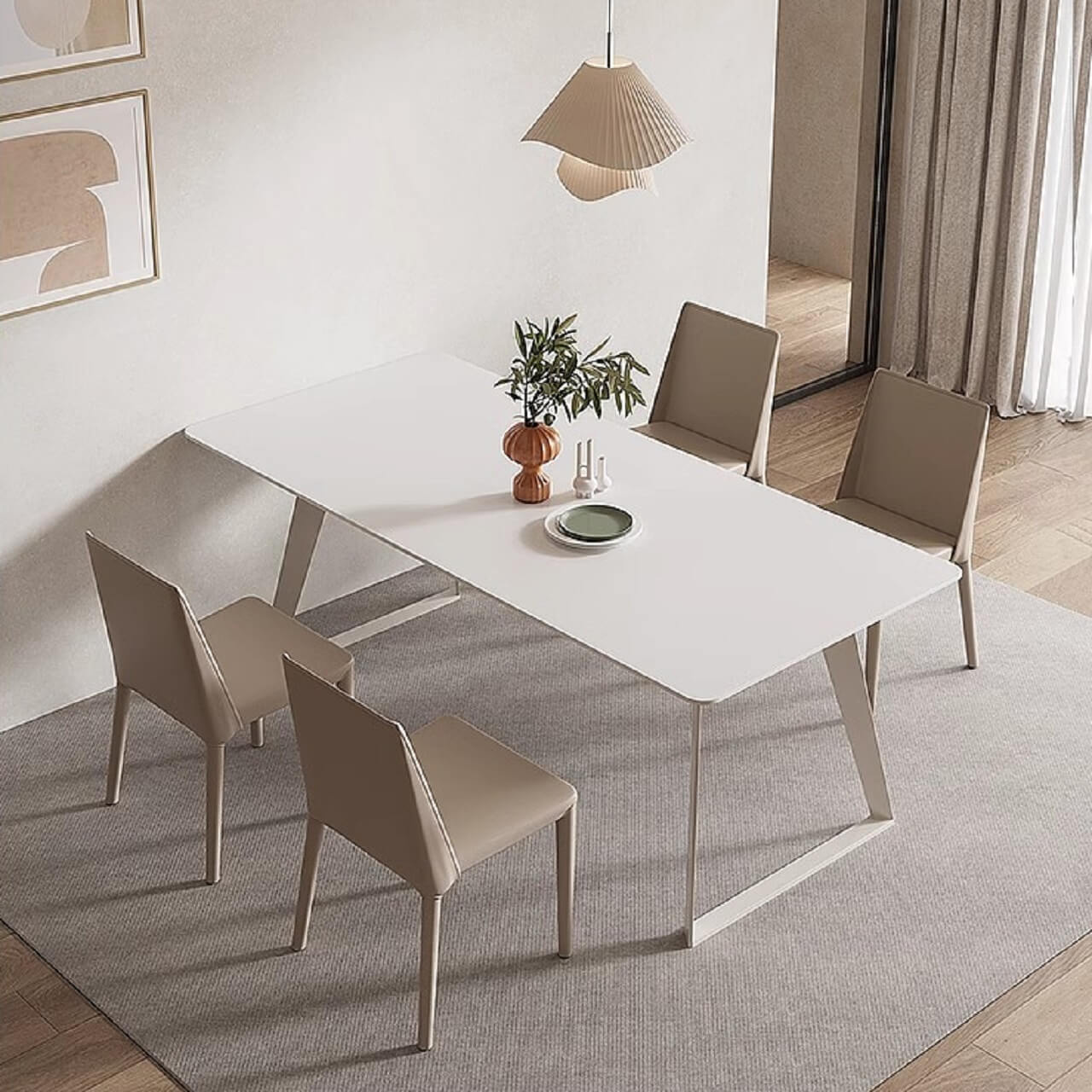 White rectangular dining table with creamy rock tabletop and carbon steel legs, Italian minimalist design