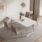White rectangular dining table with creamy rock tabletop and carbon steel legs, Italian minimalist design