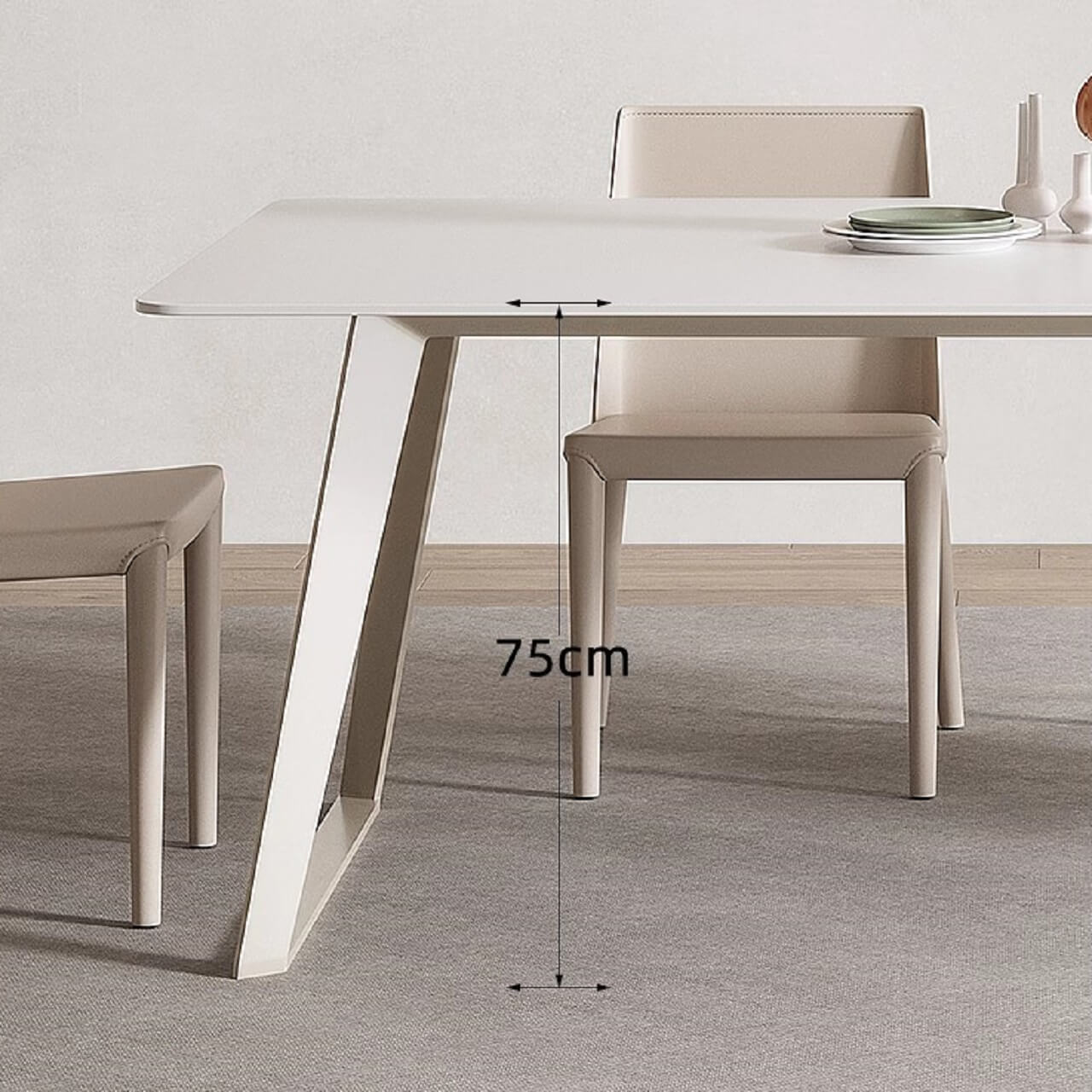 White rectangular dining table with creamy rock tabletop and carbon steel legs, Italian minimalist design