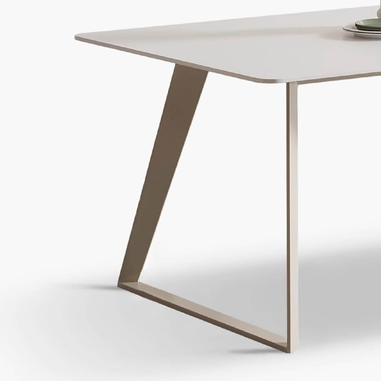 White rectangular dining table with creamy rock tabletop and carbon steel legs, Italian minimalist design