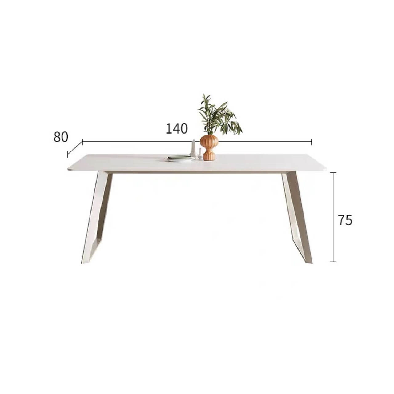 White rectangular dining table with creamy rock tabletop and carbon steel legs, Italian minimalist design