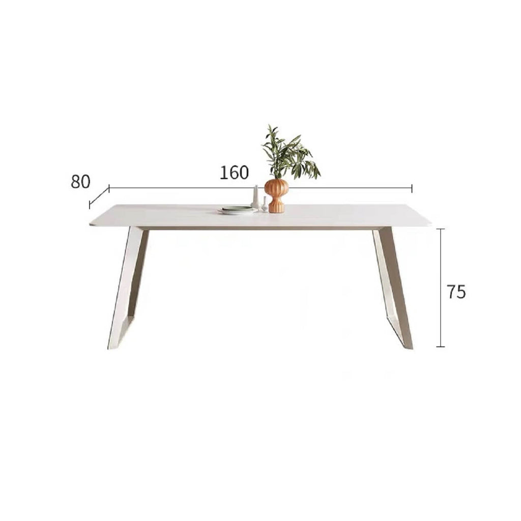 White rectangular dining table with creamy rock tabletop and carbon steel legs, Italian minimalist design