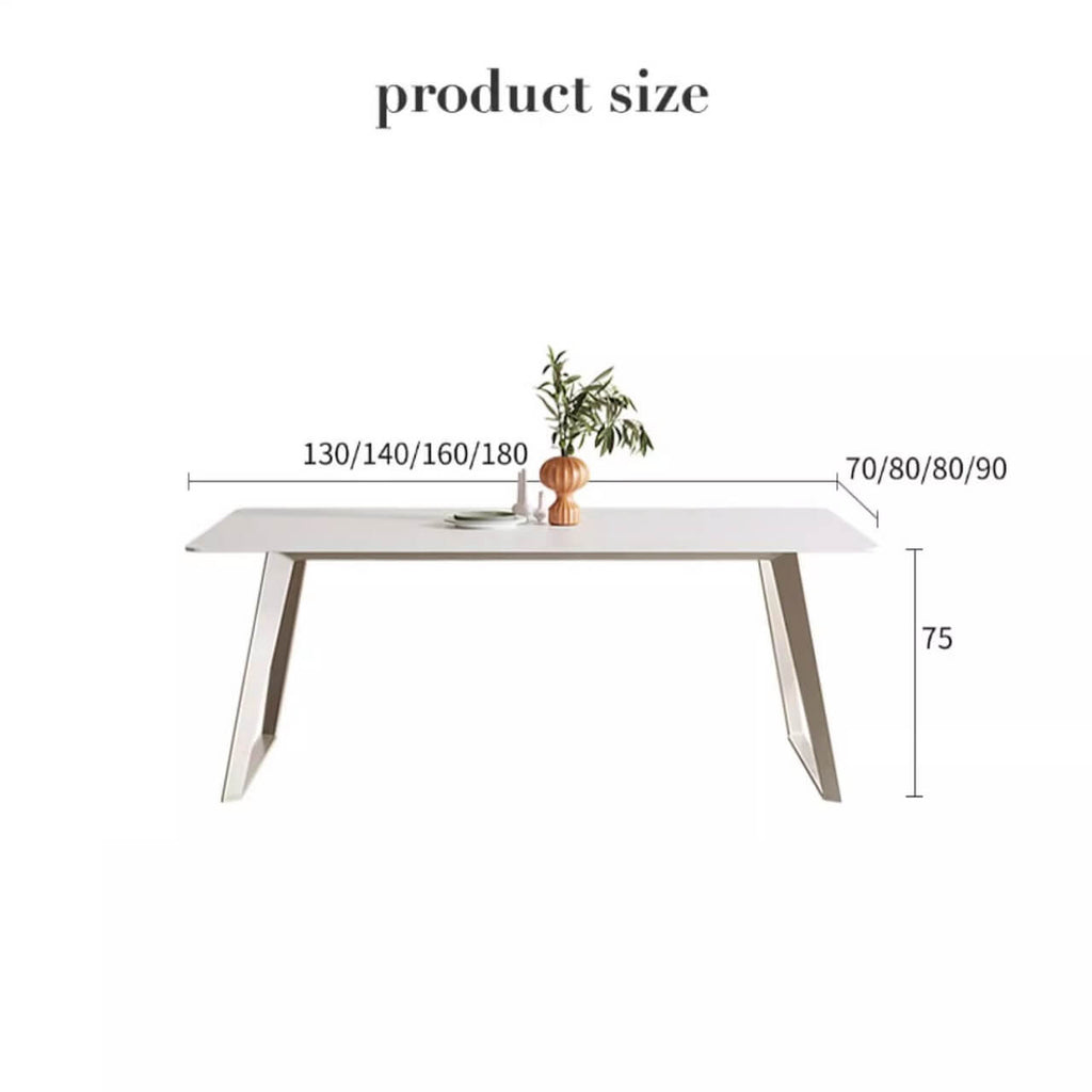 White rectangular dining table with creamy rock tabletop and carbon steel legs, Italian minimalist design dimensions