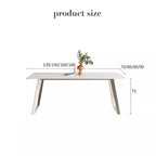 White rectangular dining table with creamy rock tabletop and carbon steel legs, Italian minimalist design dimensions
