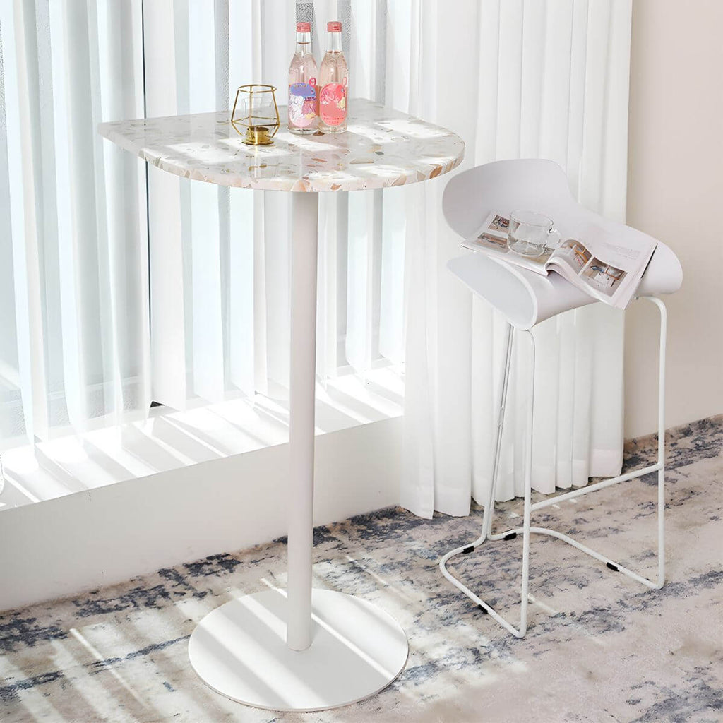 White Terrazzo Top Scandinavian Bar Table with Metal Pedestal Base - Seats 2 Bar Tables