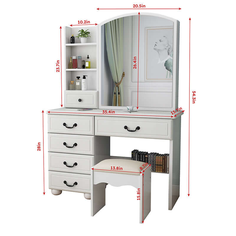 White Vanity Table with 3-Color Lights & 6 Drawers
