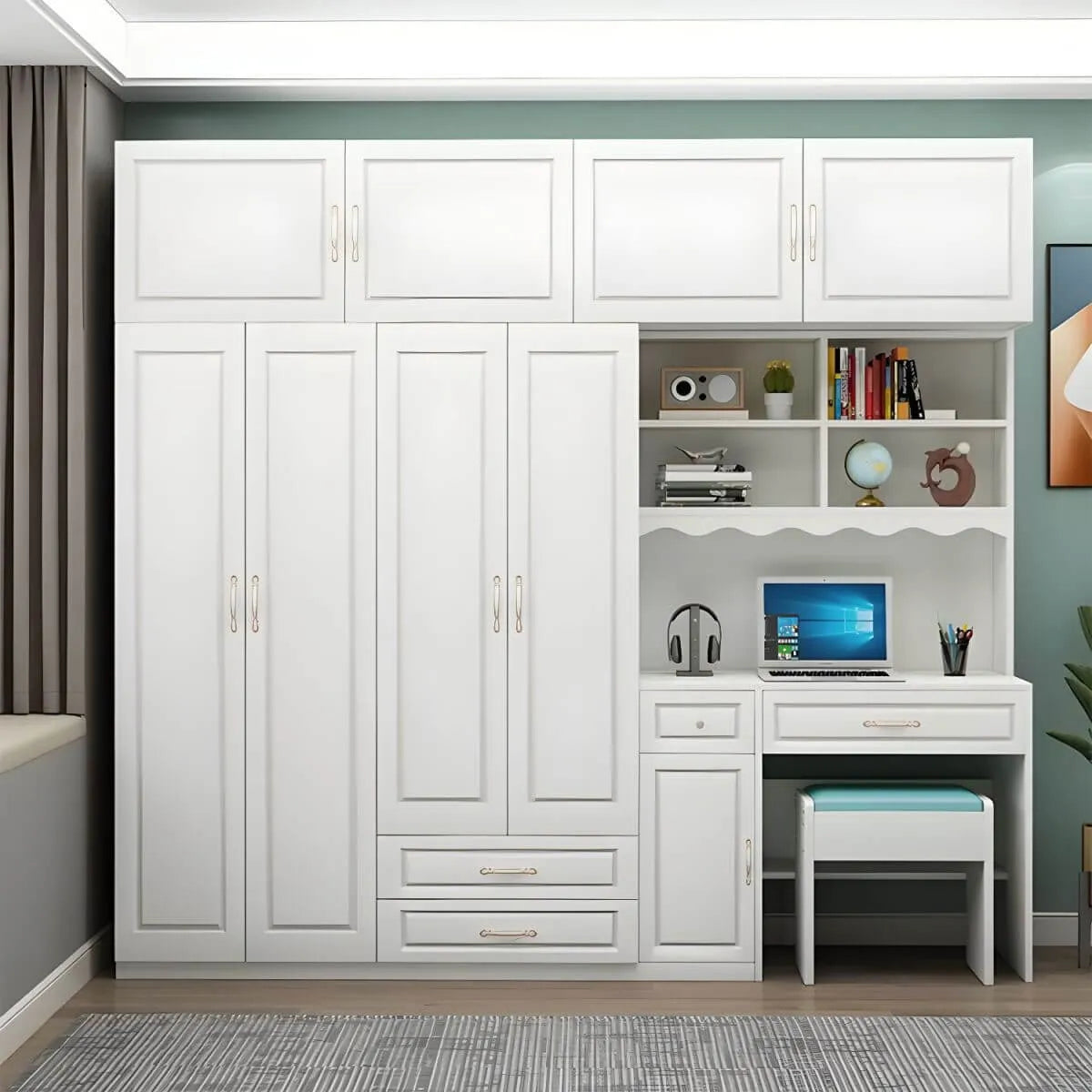 White Wardrobe Desk Armoire With Bookcase Storage System