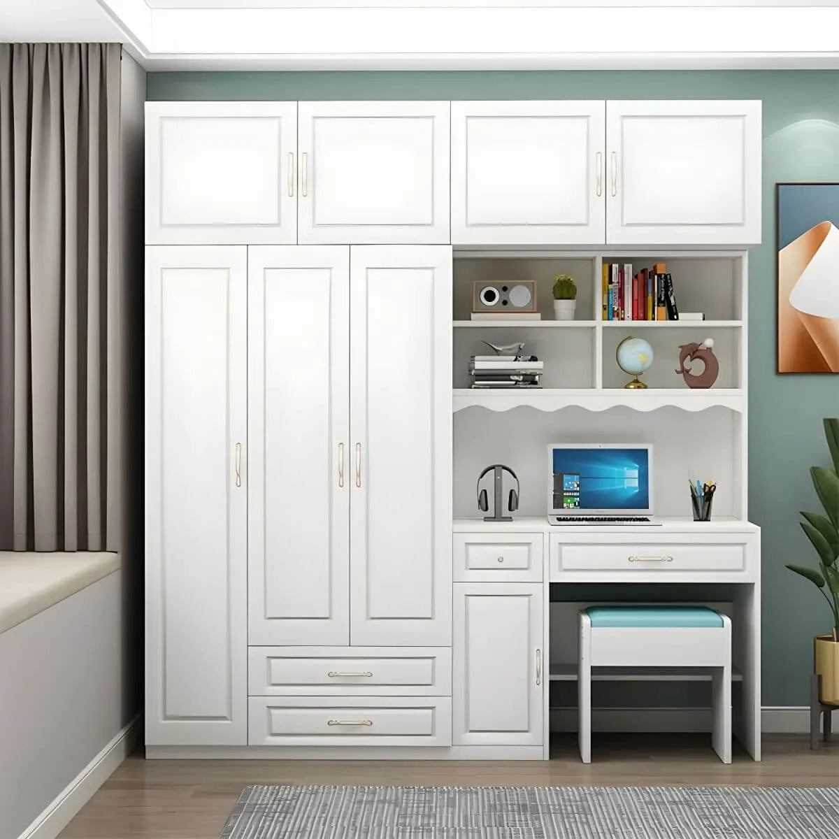 White Wardrobe Desk Armoire With Bookcase Storage System