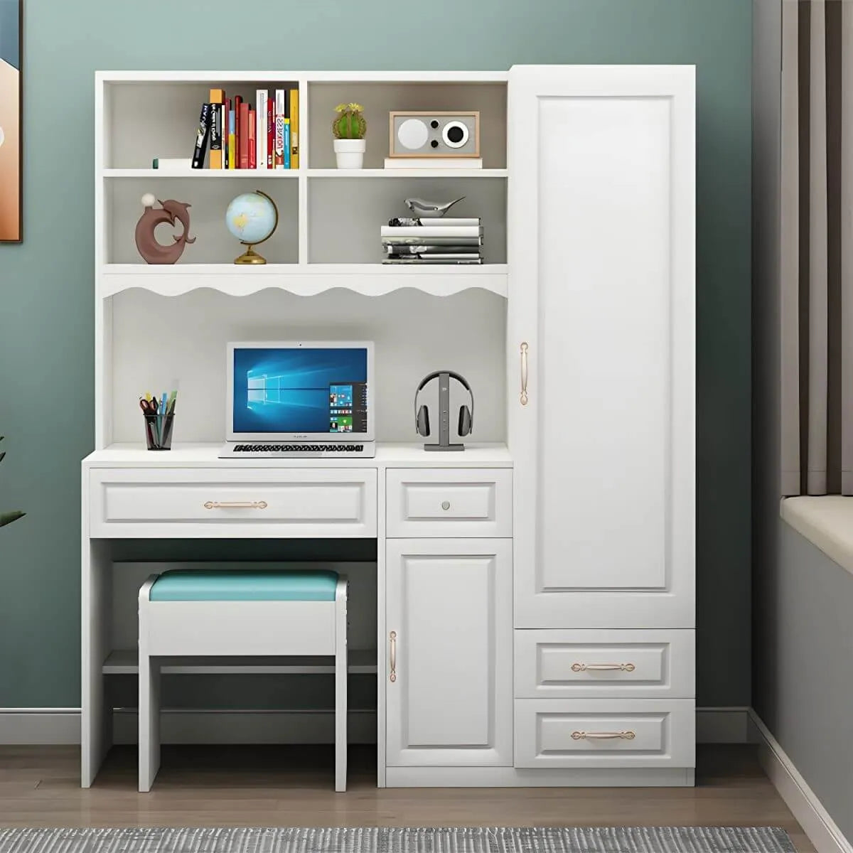 White Wardrobe Desk Armoire With Bookcase Storage System