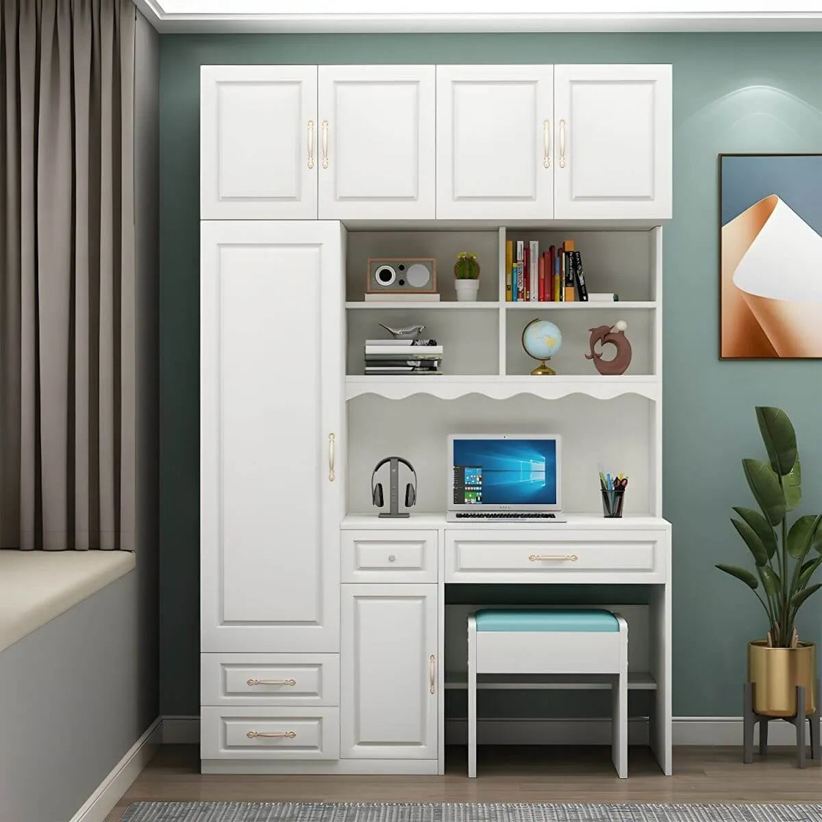 White Wardrobe Desk Armoire With Bookcase Storage System
