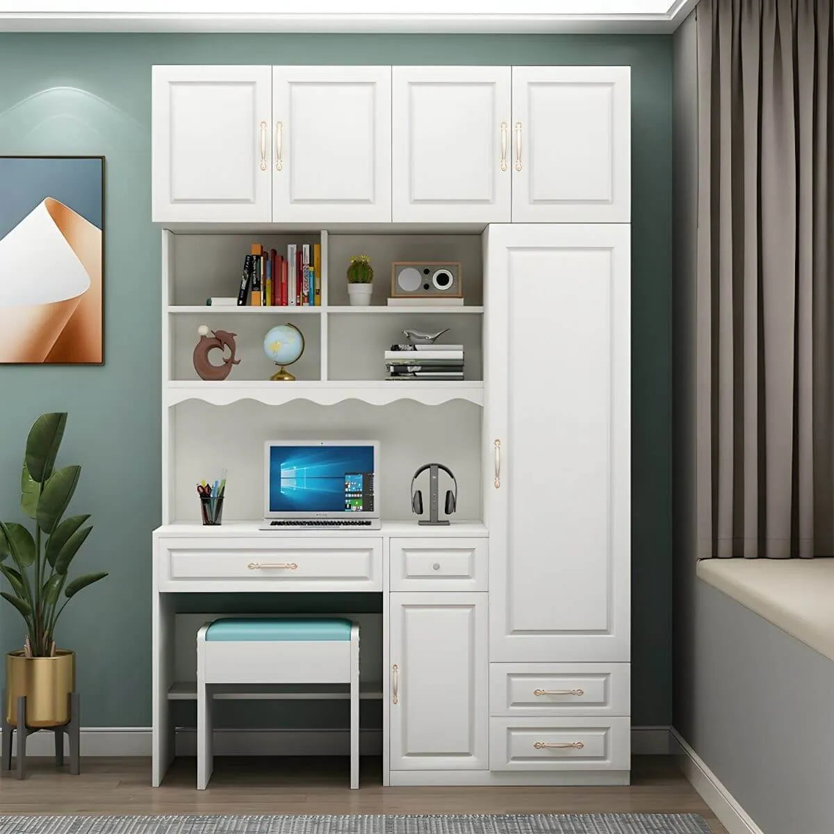 White Wardrobe Desk Armoire With Bookcase Storage System