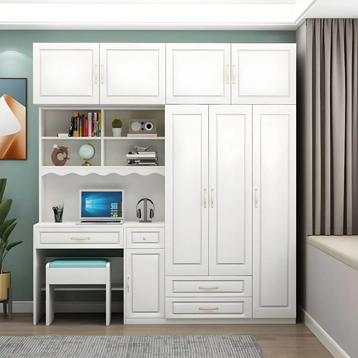 White Wardrobe Desk Armoire With Bookcase Storage System