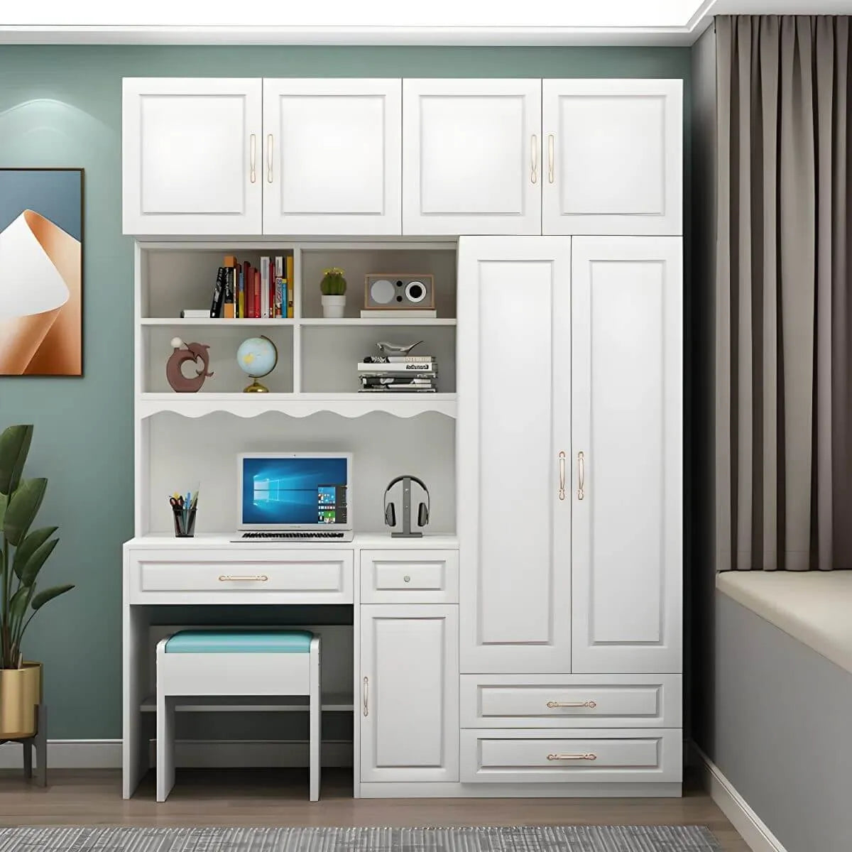 White Wardrobe Desk Armoire With Bookcase Storage System