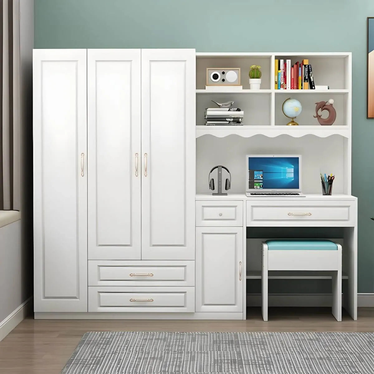 White Wardrobe Desk Armoire With Bookcase Storage System